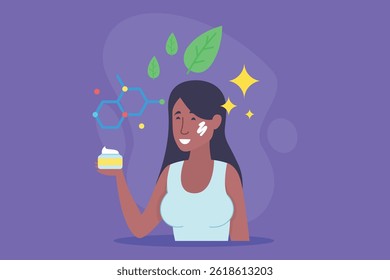 Woman enjoying her skincare routine, holding jar of cream while surrounded by leaves and chemical symbols