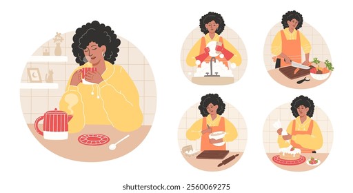 Woman Enjoying Home Cooking and Relaxing at Kitchen