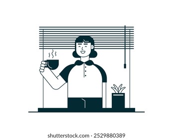 Mujer disfrutando de café caliente por la mañana, mientras se relaja y disfruta de la vista fuera de la ventana. Diseño de personajes. Ilustración plana de Vector