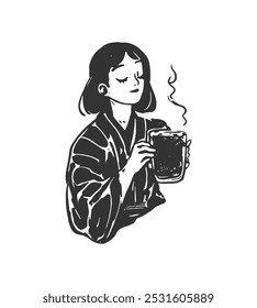 Mujer disfrutando de una bebida caliente - Dibujado a mano Línea Arte. Ilustración en blanco y negro de una mujer sosteniendo una taza humeante de bebida caliente. Ideal para proyectos y diseños de estilo de vida, bebidas o de temática acogedora.