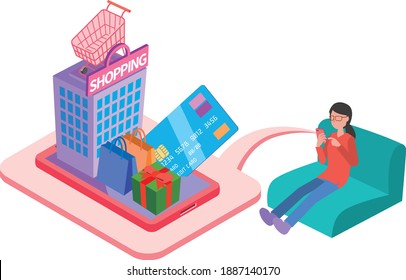 A woman enjoying internet shopping while sitting on the sofa at home