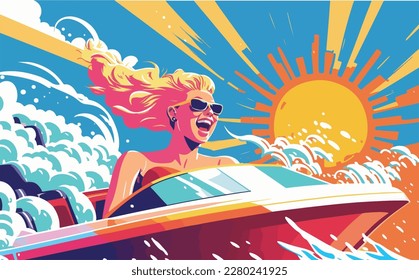 Mujer disfrutando de un ligero día de verano en una lancha motora con el sol brillante y olas salpicando por ahí. Concepto de ilustración de deportes acuáticos de verano con vectores planos. Vacaciones libres de gadgets