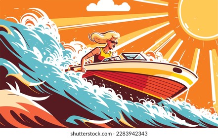 Mujer disfrutando de un ligero día de verano en una lancha motora con el sol brillante y olas salpicando por ahí. Concepto de ilustración de deportes acuáticos de verano con vectores planos. Vacaciones libres de gadgets