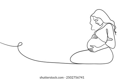 Woman enjoying maternity leave and motherhood continuous line art drawing isolated on white background. Pregancy woman. Vector illustration