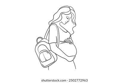 Woman enjoying maternity leave and motherhood continuous line art drawing isolated on white background. Pregancy woman. Vector illustration