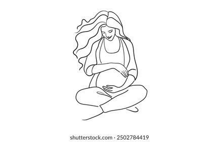 Woman enjoying maternity leave and motherhood continuous line art drawing isolated on white background. Pregancy woman. Vector illustration