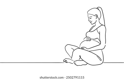 Woman enjoying maternity leave and motherhood continuous line art drawing isolated on white background. Pregancy woman. Vector illustration
