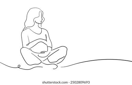 Woman enjoying maternity leave and motherhood continuous line art drawing isolated on white background. Pregancy woman. Vector illustration