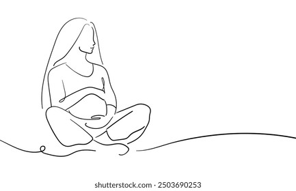 Woman enjoying maternity leave and motherhood continuous line art drawing isolated on white background. Pregancy woman. Vector illustration