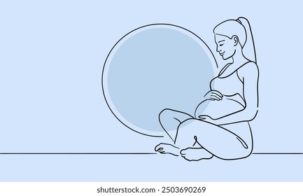 Woman enjoying maternity leave and motherhood continuous line art drawing isolated on blue background. Pregancy woman. Vector illustration
