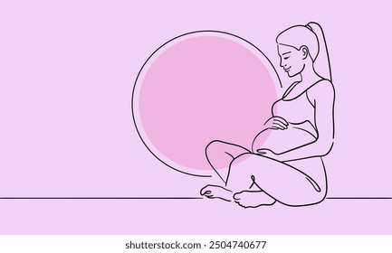 Woman enjoying maternity leave and motherhood continuous line art drawing isolated on pink background. Pregancy woman. Vector illustration
