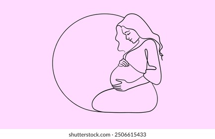 Woman enjoying maternity leave and motherhood continuous line art drawing isolated on pink background. Pregancy woman. Vector illustration