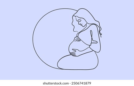 Woman enjoying maternity leave and motherhood continuous line art drawing isolated on blue background. Pregancy woman. Vector illustration