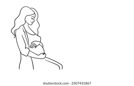 Woman enjoying maternity leave and motherhood continuous line art drawing isolated on white background. Pregancy woman. Vector illustration