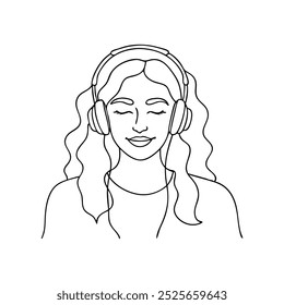 Woman enjoying music through headphones continuous black line art isolated flat vector illustration on white background