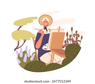 Woman Enjoying Painting Outdoors In A Peaceful Garden Setting. Cartoon Vector Illustration Depicts A Tranquil Moment