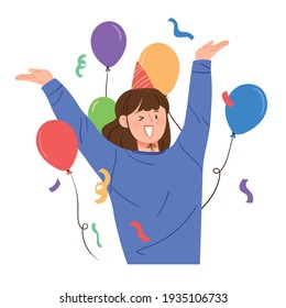 A woman enjoying a party with balloons. Sale or event concept vector illustration.