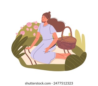 Woman Enjoying A Peaceful Picnic In A Garden With Flowers And A Basket. She Appears Content And Relaxed