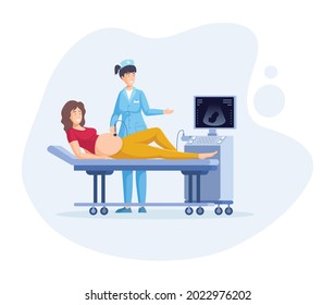 Woman enjoying pregnancy, preparation for childbirth. Female doctor doing ultrasound fetus screening to pregnant woman at hospital. Regular medical check up pregnancy cartoon vector