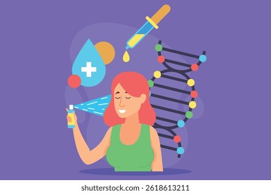 Woman enjoying refreshing beauty treatment, applying skincare product while surrounded by symbols of science and health