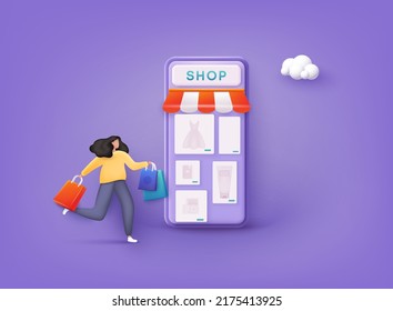 Woman enjoying shopping. Carrying shopping bags. Mobile smart phone with shopp app. Online shopping concept. 3D Web Vector Illustrations.