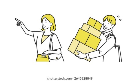 A woman enjoying shopping while helping a man carry her bags.