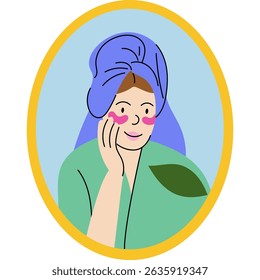 Woman enjoying skincare routine with towel wrap. Relaxed woman wearing a towel wrap and robe, applying under-eye patches as part of her skincare routine.