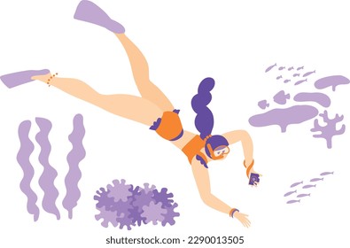 Woman enjoying snorkeling in bikini,
Coral and fish in the sea, tropical resort
