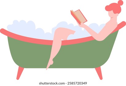 Woman enjoying a soothing bath filled with foam, immersed in a captivating book, embodying the essence of self care, relaxation, and leisure in the comfort of home