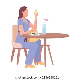 Woman enjoying sparkling juice drink and salad semi flat color vector character. Sitting figure. Full body person on white. Simple cartoon style illustration for web graphic design and animation