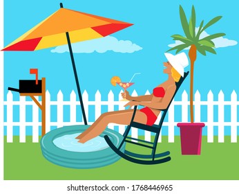 Woman Enjoying A Staycation At The Backyard Under An Umbrella In Her Own Backyard, EPS 8 Vector Illustration	