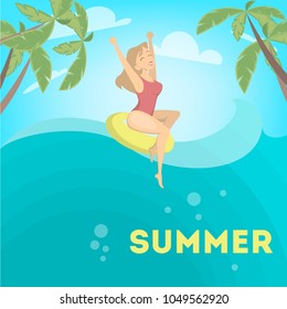 Woman enjoying the summer and floating in ring.