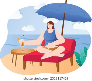 A Woman Enjoying Summer Holidays At The Beach Illustration