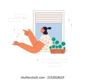 Woman enjoying summer rain, looking outside open window at home. Girl happy with warm rainy weather outdoors, stretching hands to raindrops. Flat vector illustration isolated on white background
