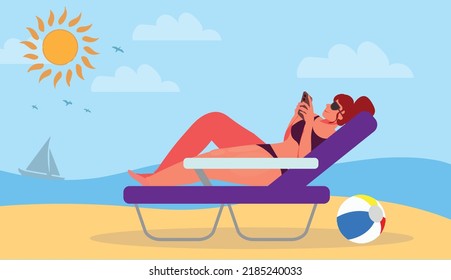 woman enjoying summer vacation lying on a beach chair, happy woman with sunglasses and cellphone.