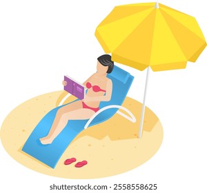 Woman enjoying a summer vacation, relaxing on a beach chair under a bright yellow parasol, absorbed in a book while basking in the warmth of the sandy beach