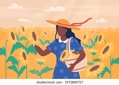 Woman enjoying sunflowers, outdoor flat color vector illustration. Visiting flower fields. Summertime traveling to farmland. 2D cartoon faceless character with sunflower with meadow in background