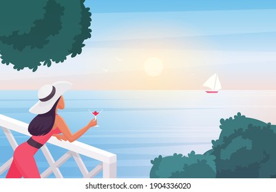 Woman enjoying sunset vector illustration. Cartoon young female character holding wine glass, standing on terrace to enjoy nature landscape, sailing boat in sea waves, sun in evening sky background