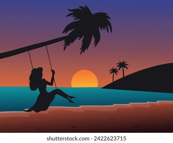 Woman enjoying swings on a swing on the evening beach, beautiful beach sunset landscape vector illustration.