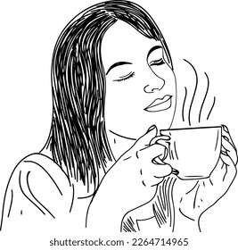 Woman Enjoying Tea Vector Illustration, Line Art of Woman Holding Tea Cup, Vector Graphic of Woman Smelling Tea Aroma