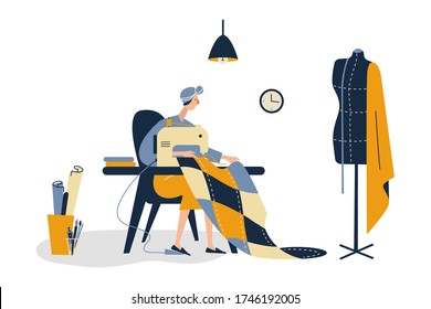 A woman enjoying their hobbies - creating fashion clothes designs. Fashion designer, needlewoman or seamstress working. Flat cartoon vector illustration on white background.