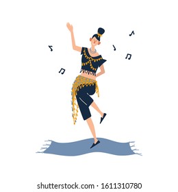 Una mujer disfrutando de sus pasatiempos - bailando. Una linda chica se dedica a bailar oriental con un traje con monedas. Dibujo vectorial plano sobre fondo blanco.