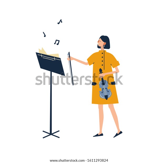 趣味を楽しむ女性 歌 音楽を作る バイオリンを弾いている綺麗な女の子 白い背景に平らなカートーンベクターイラスト のベクター画像素材 ロイヤリティ フリー