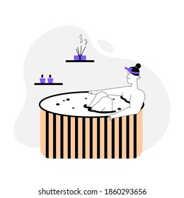 Woman enjoys aromatherapy in wooden bathtub at spa salon. Vector linear character illustration of relaxing and recreation cosmetic procedures, wellness therapy, professional body care treatment