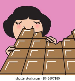 Woman Enjoys Biting Large Chocolate Bar Concept Card Character illustration