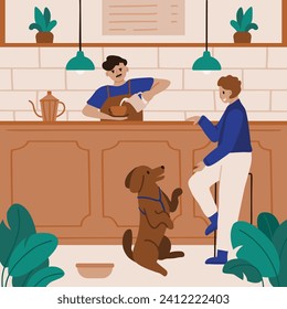 Woman enjoys a coffe with her adorable puppy in a pet-friendly cafe. Flat vector illustration capturing the cozy atmosphere and delightful companionship in the cafe interior.