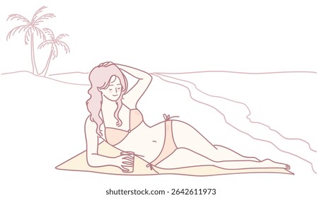 A woman enjoys a cold drink on a sunny beach, surrounded by palm trees and the sound of rolling waves