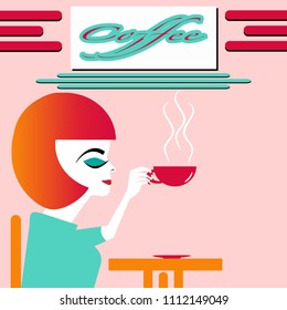 A woman enjoys a cup of coffee in a coffee shop in a minimalist food and drink illustration with space for text.
