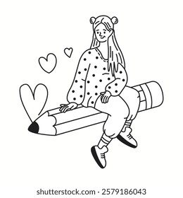 Woman enjoys flight on giant pencil linear icon. Female surrounded by hearts representing love for art doodle character doodle thin line illustration