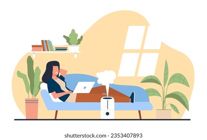 Woman enjoys fresh moist air in her home thanks to an ultrasonic humidifier. Living room interior with plants, girl working on laptop on sofa. Cartoon flat style isolated vector concept